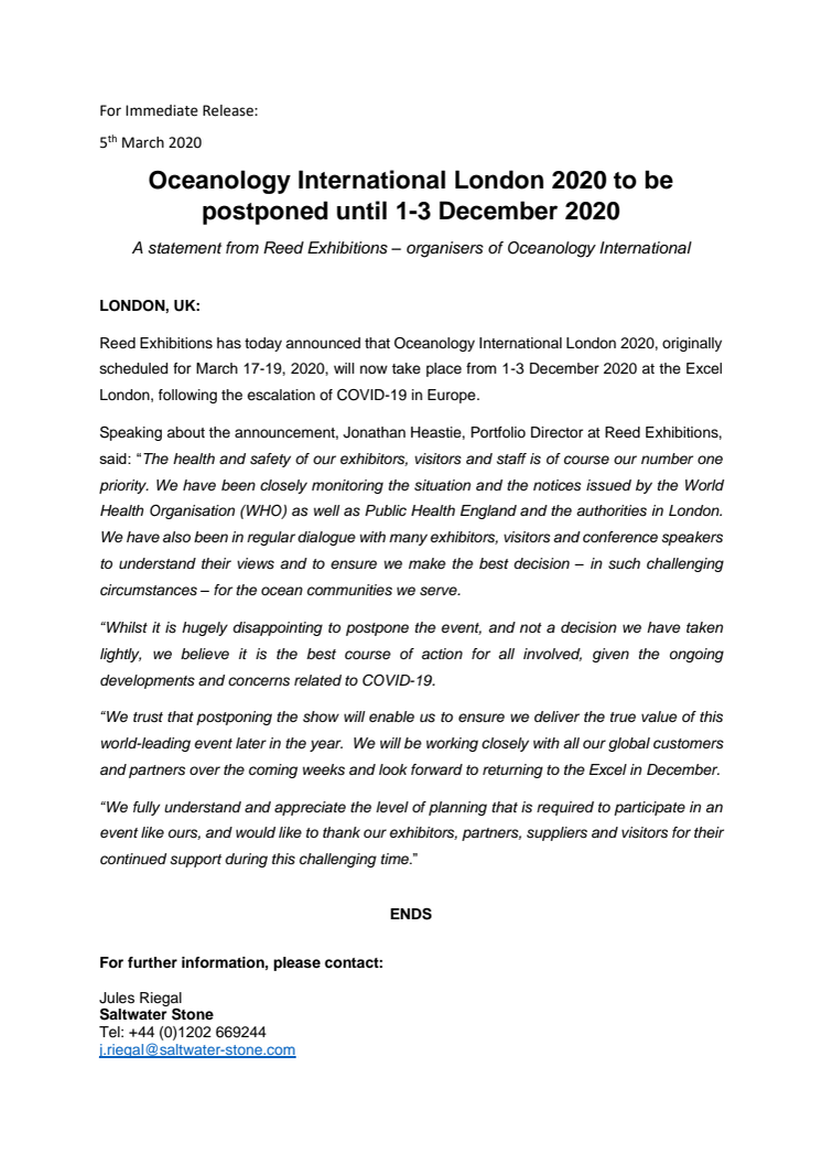 Oceanology International London 2020 to be postponed until 1-3 December 2020 