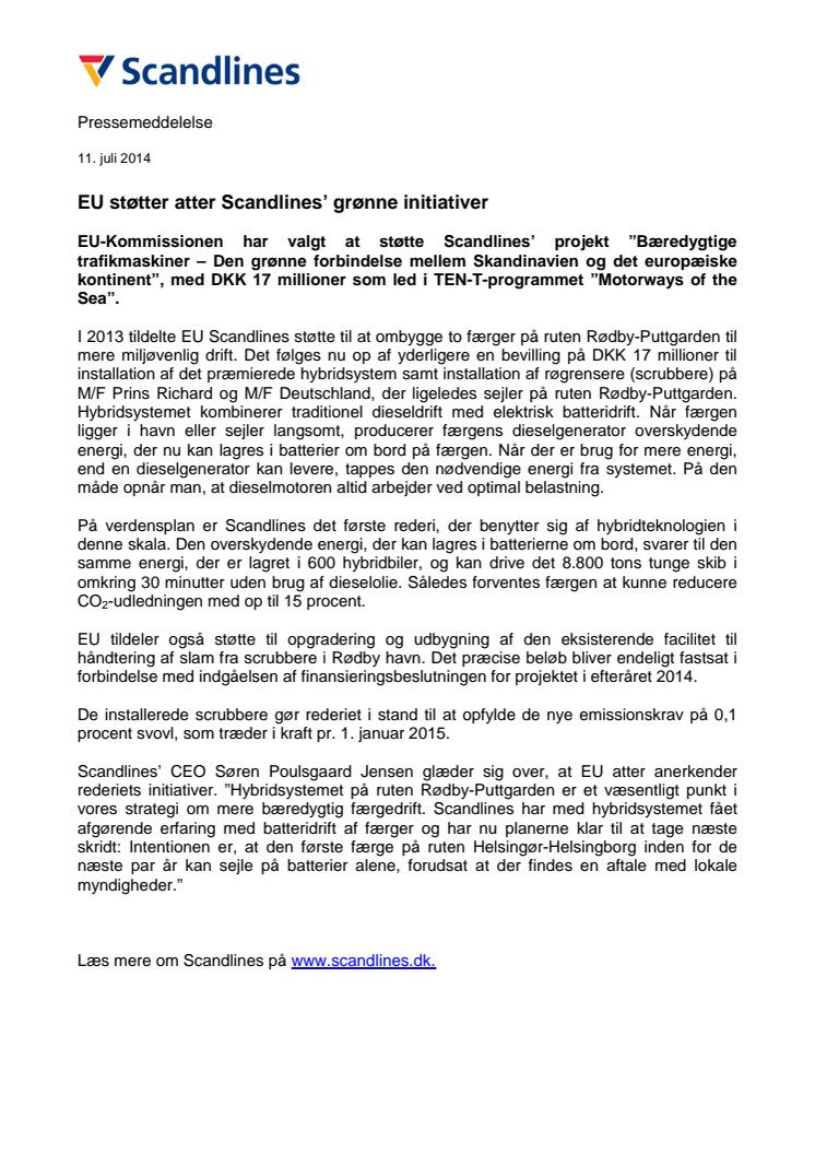 EU støtter atter Scandlines’ grønne initiativer