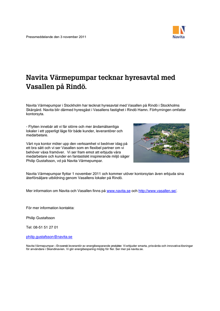 Navita Värmepumpar tecknar hyresavtal med Vasallen på Rindö.