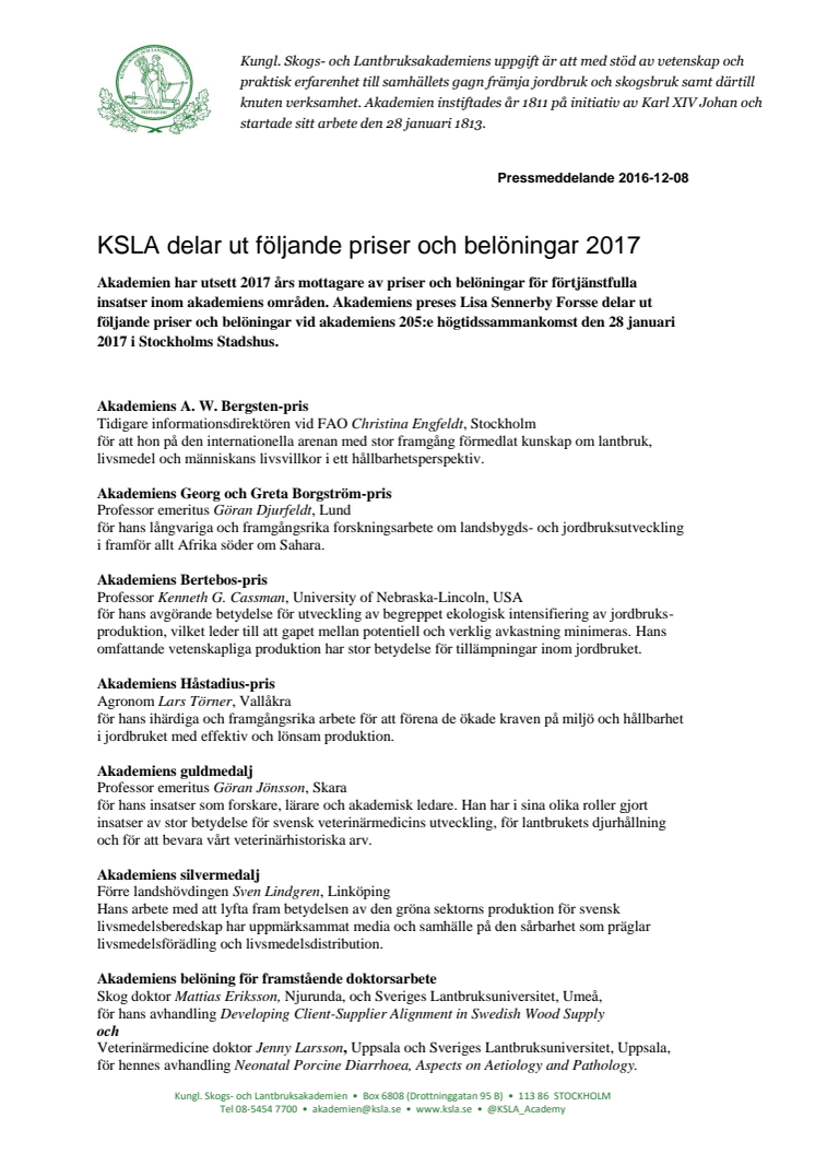 KSLA har utsett 2017 års pris- och belöningsmottagare