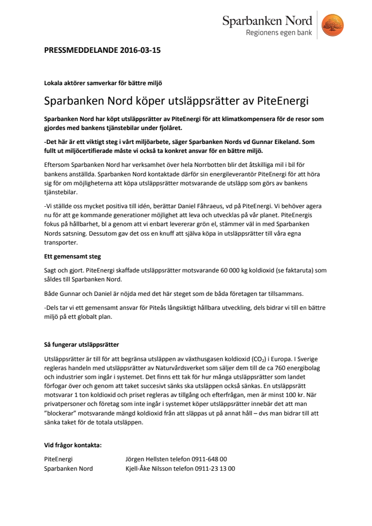 Sparbanken Nord köper utsläppsrätter av PiteEnergi