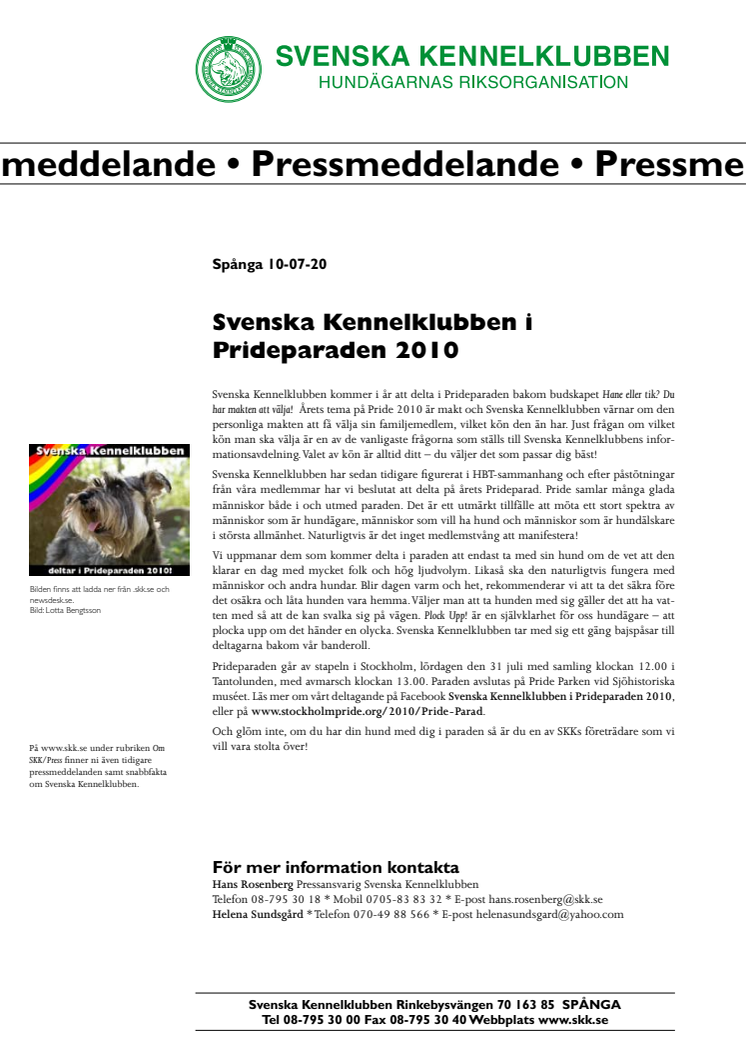 Svenska Kennelklubben i Prideparaden 2010