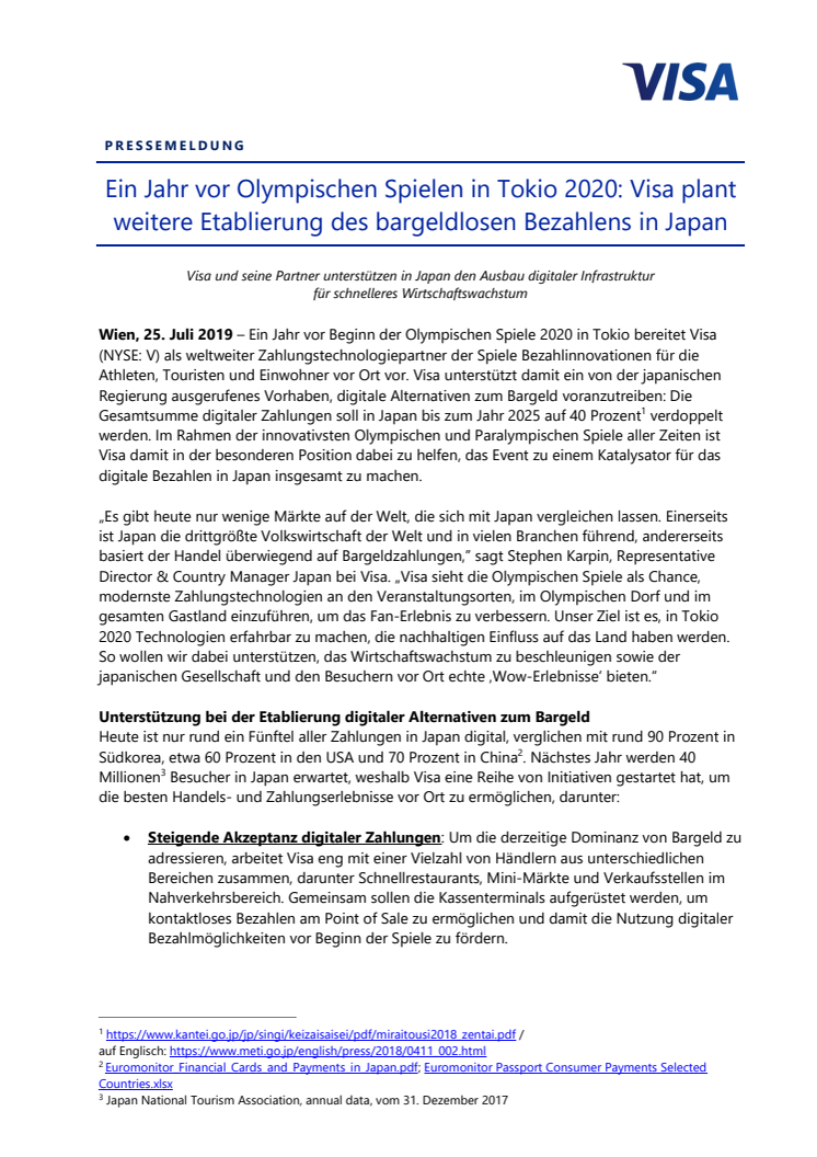Ein Jahr vor Olympischen Spielen in Tokio 2020: Visa plant weitere Etablierung des bargeldlosen Bezahlens in Japan