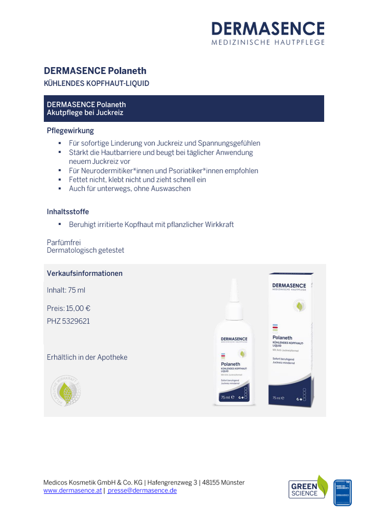 Factsheet AT: DERMASENCE Polaneth Kühlendes Kopfhaut-Liquid