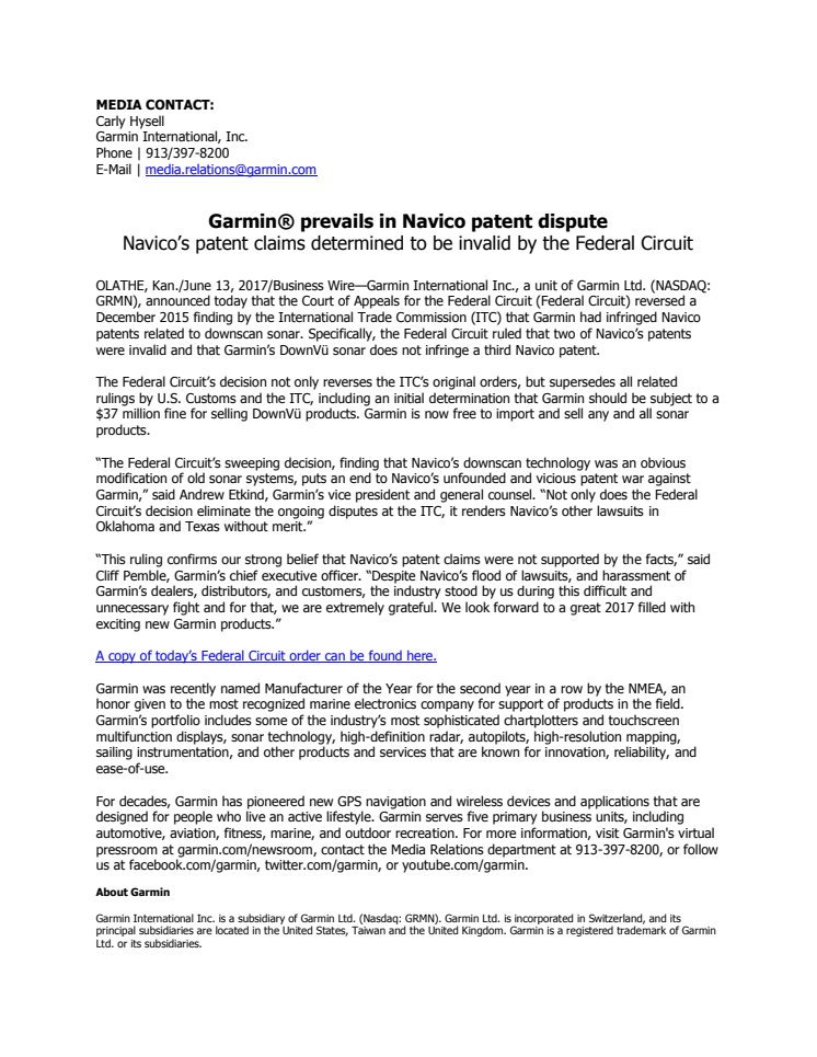 Garmin® prevails in Navico patent dispute