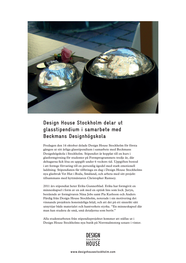 Design House Stockholm delar ut  glasstipendium i samarbete med  Beckmans Designhögskola 