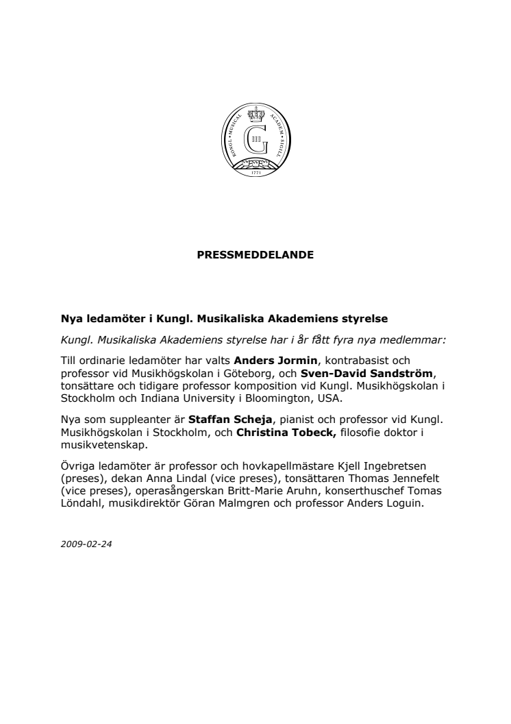 Nya styrelseledamöter i Kungl. Musikaliska Akademien