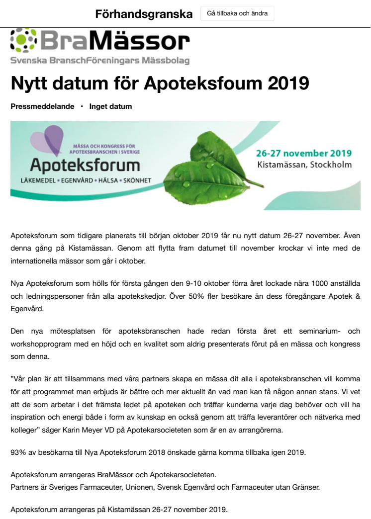 Nytt datum för Apoteksfoum 2019