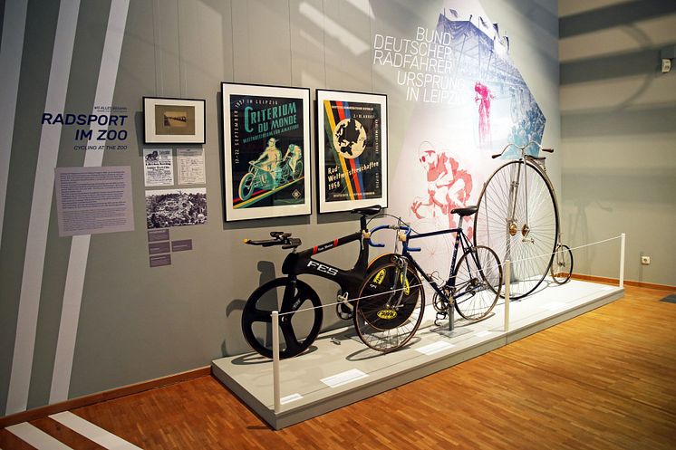 Fahrräder von Jens Lehmann und Uwe Ampler sowie ein Hochrad in der Ausstellung "In Bewegung - Meilensteine der Leipziger Sportgeschichte"