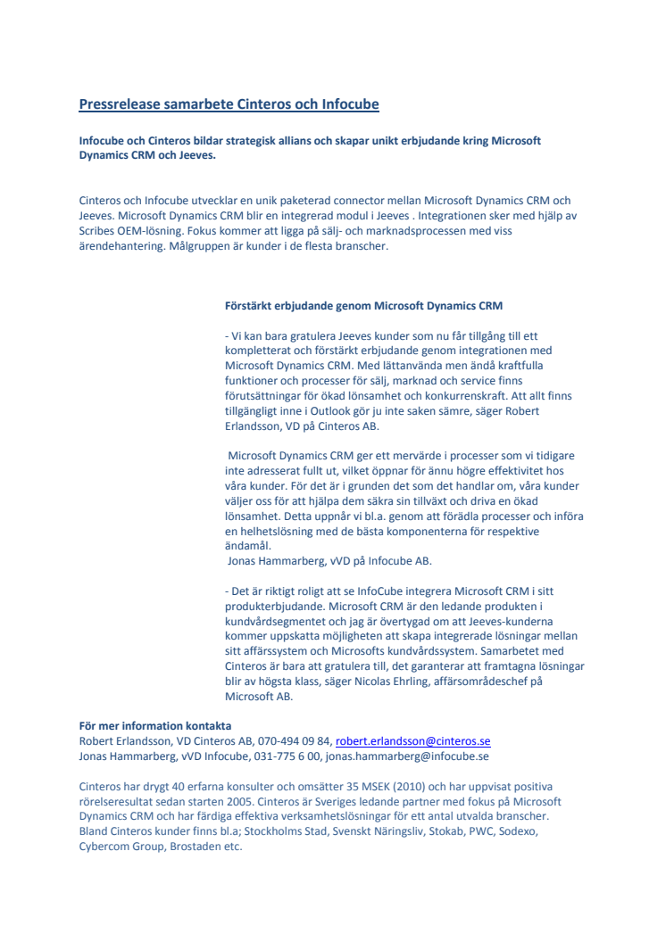  Infocube och Cinteros bildar strategisk allians och skapar unikt erbjudande kring Microsoft Dynamics CRM och Jeeves