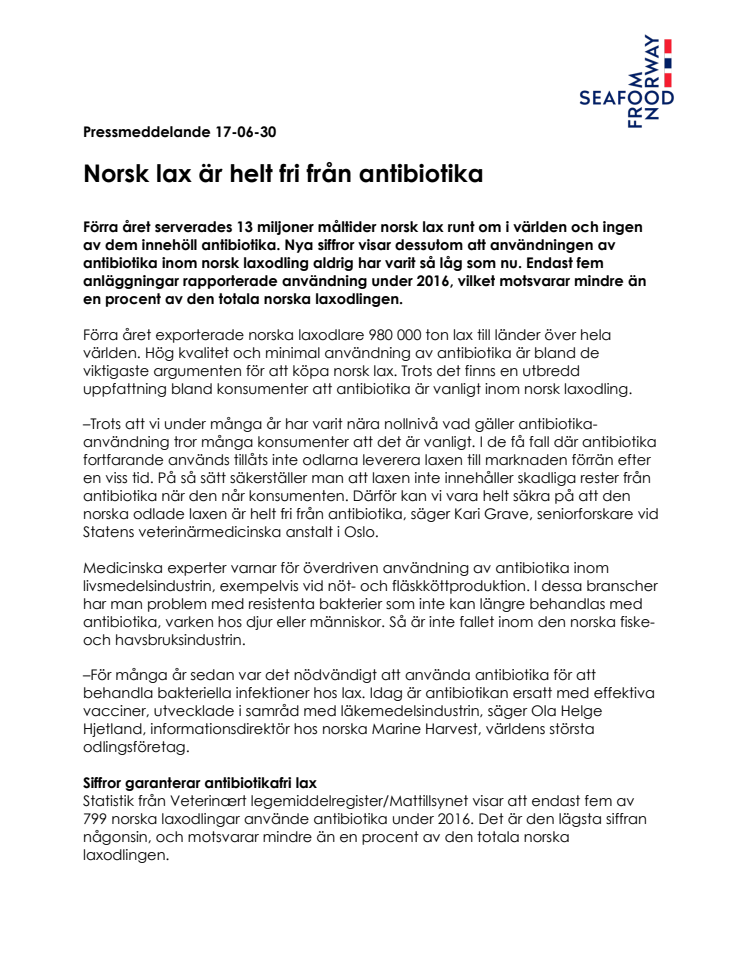 Norsk lax är helt fri från antibiotika