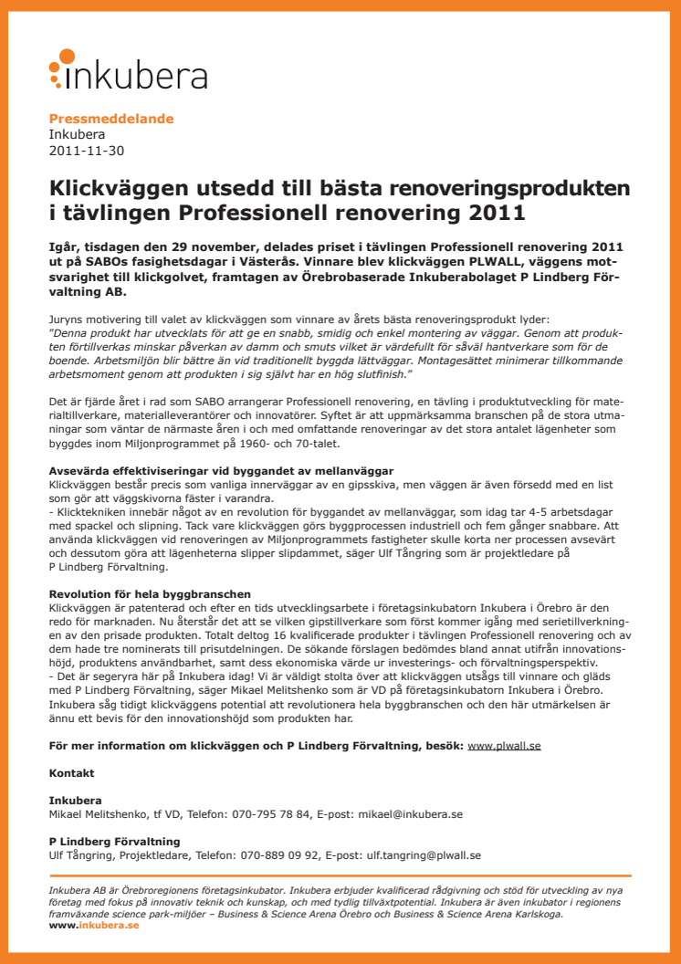 Klickväggen utsedd till bästa renoveringsprodukten i tävlingen Professionell renovering 2011