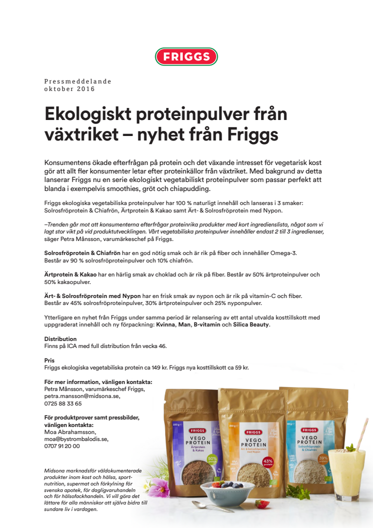 Ekologiskt proteinpulver från växtriket – nyhet från Friggs