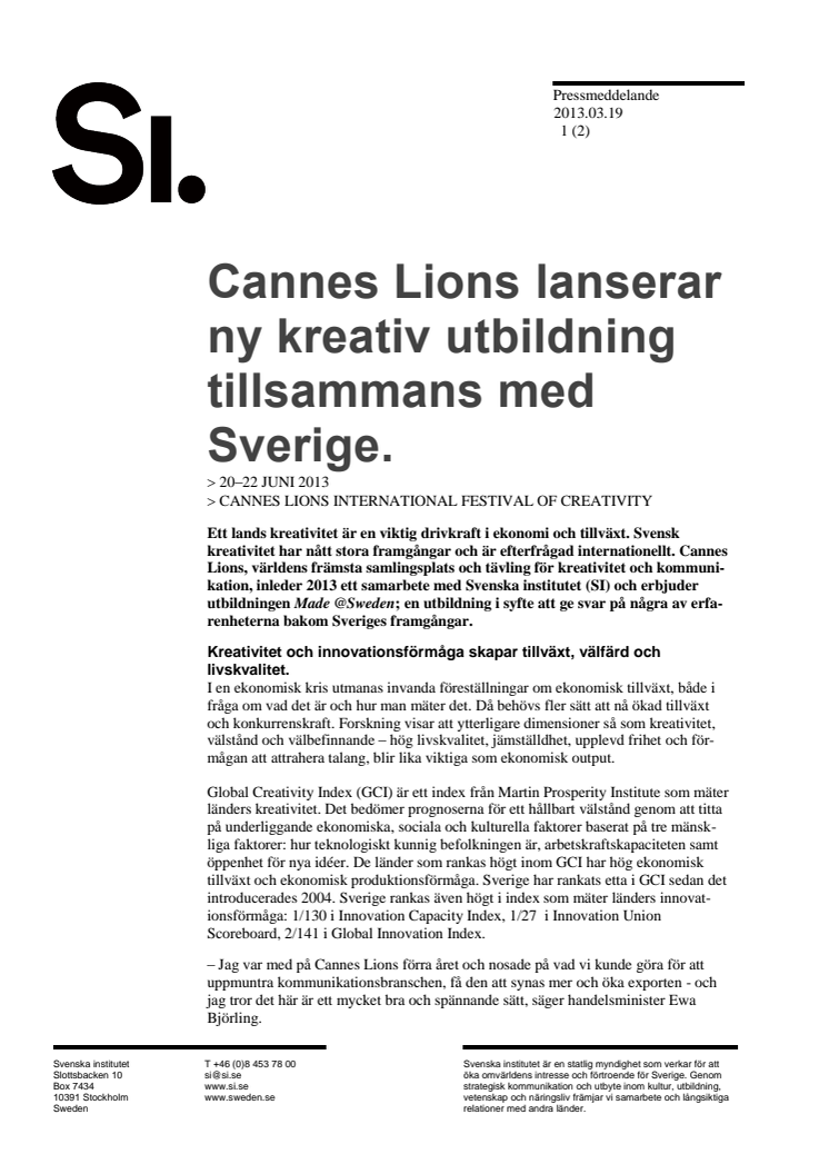 Pressmeddelande Made @Sweden 2013-03-19