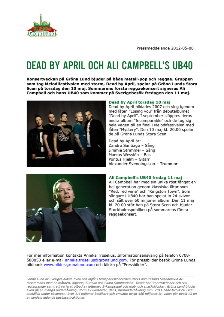 Dead by April och Ali Campbell's UB40
