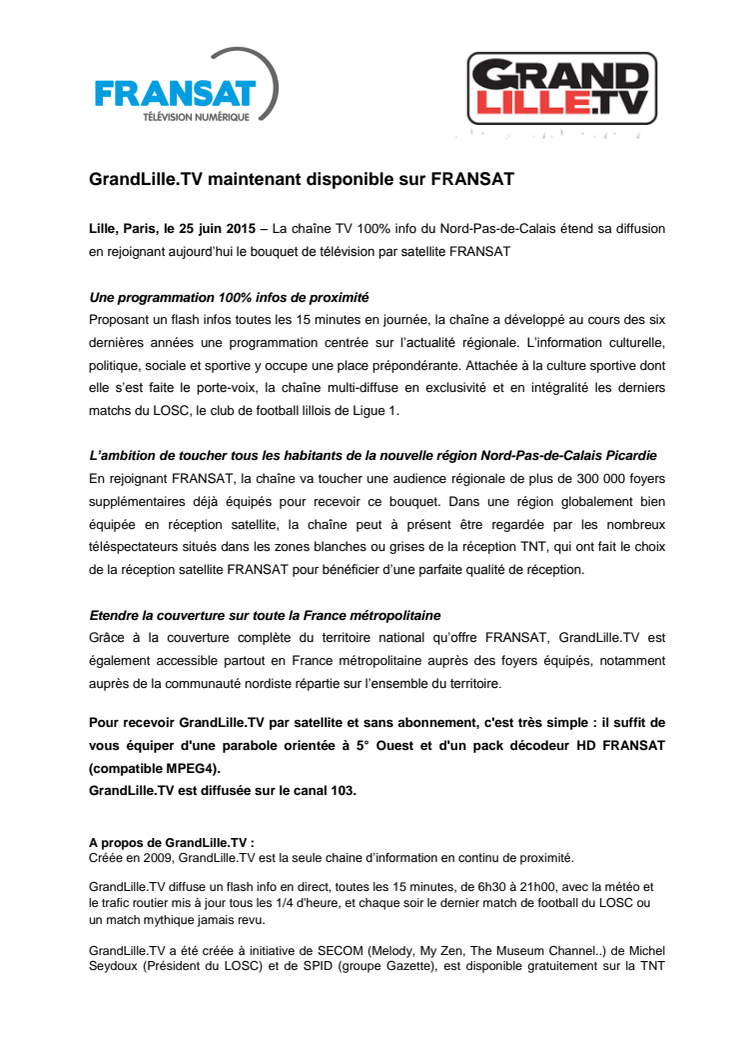 GrandLille.TV maintenant disponible sur FRANSAT 