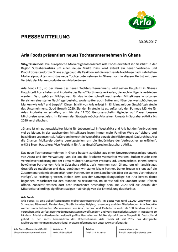 Arla Foods präsentiert neues Tochterunternehmen in Ghana