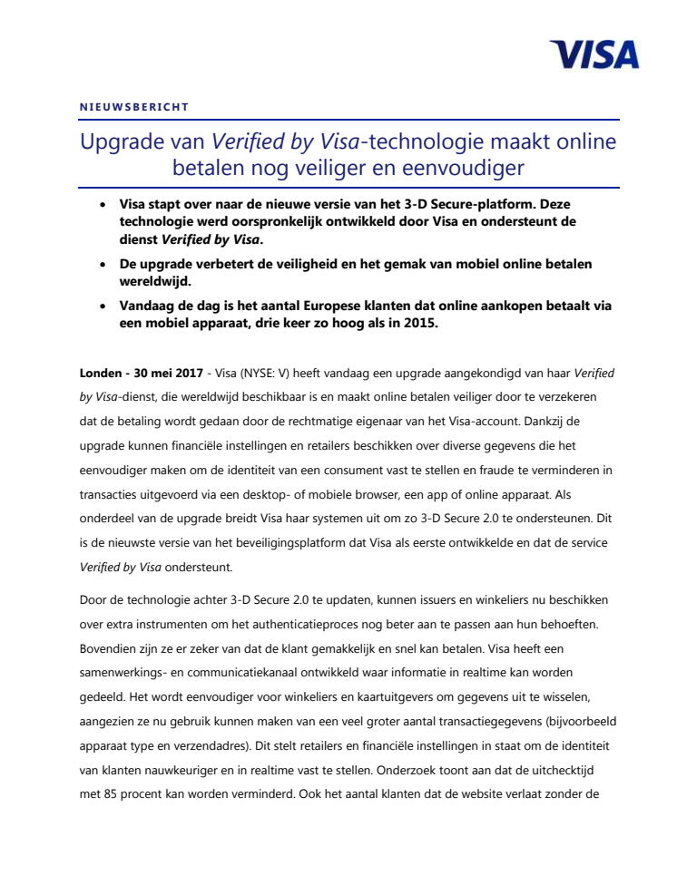 Upgrade van Verified by Visa-technologie maakt online betalen nog veiliger en eenvoudiger 