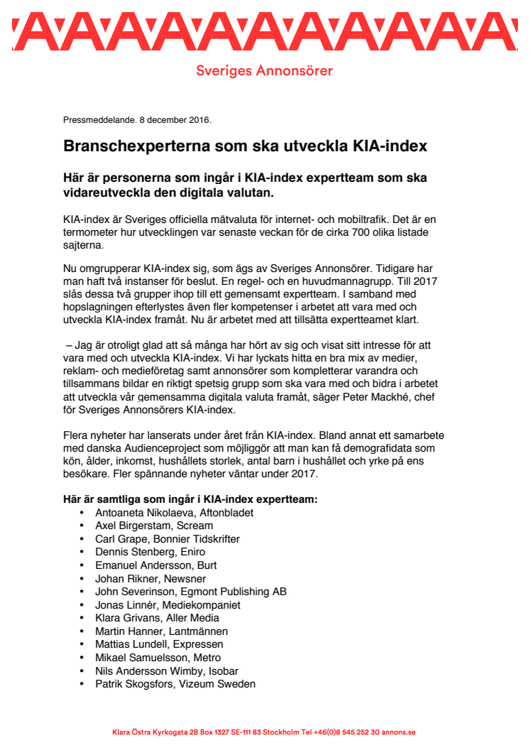 Branschexperterna som ska utveckla KIA-index