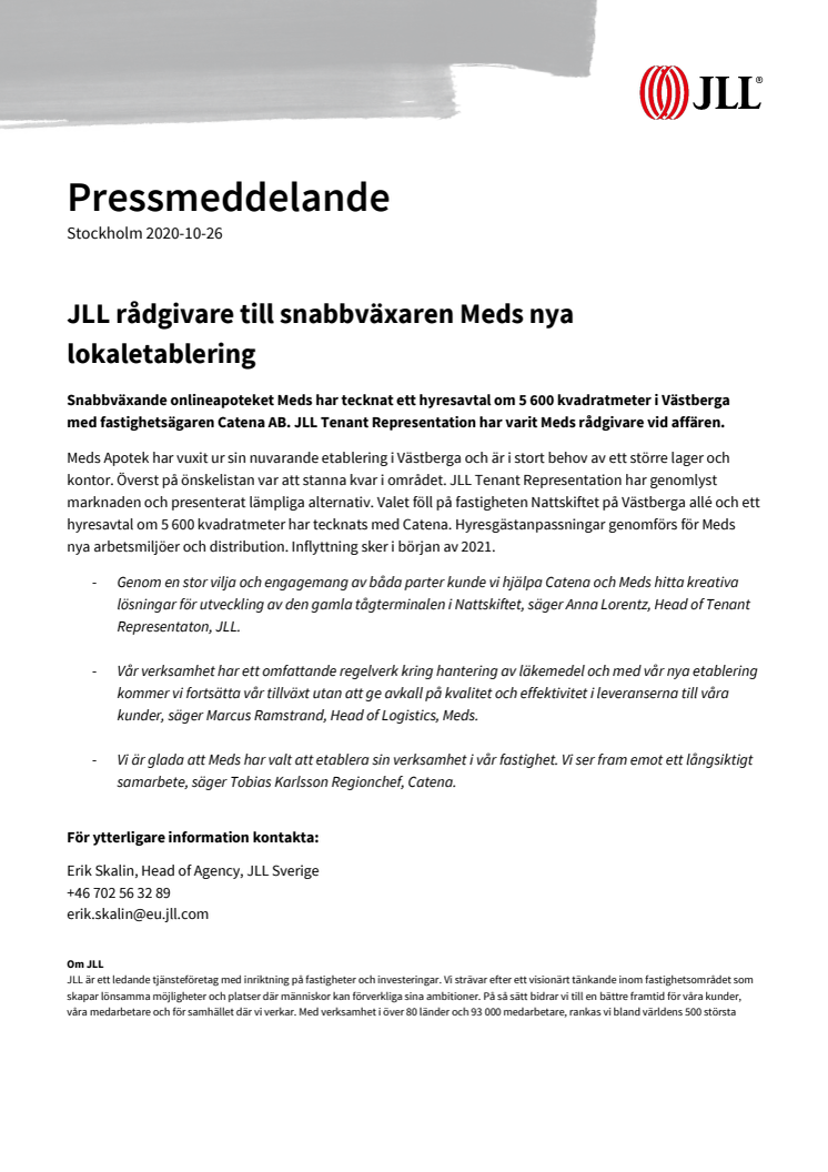 JLL rådgivare till snabbväxaren Meds nya lokaletablering