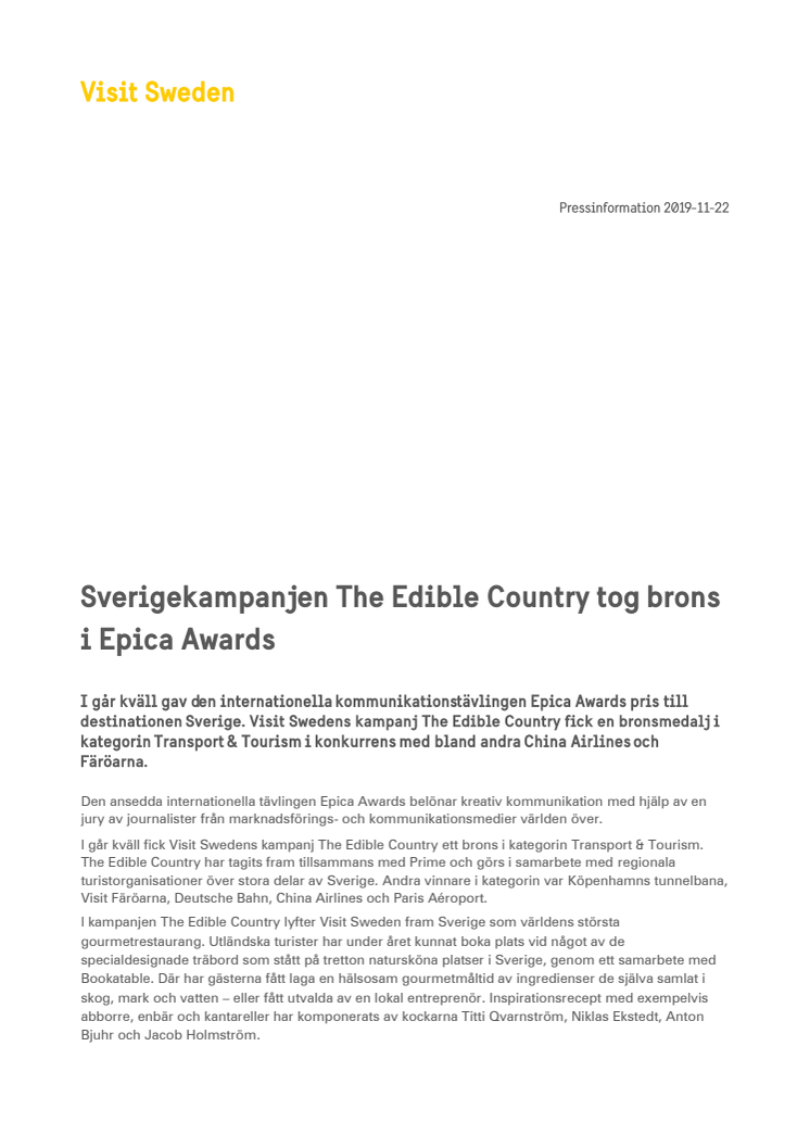 Sverigekampanjen The Edible Country tog brons i Epica Awards