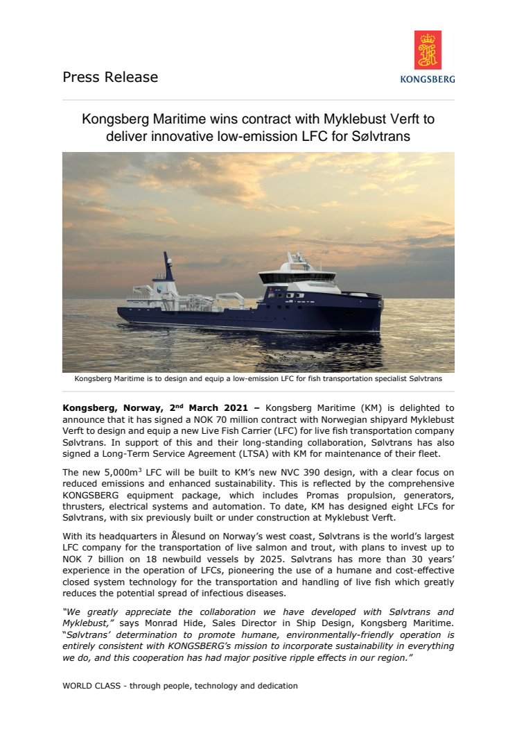 Kongsberg Maritime wins contract with Myklebust Verft to deliver innovative low-emission LFC for Sølvtrans
