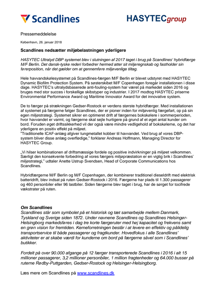 Scandlines nedsætter miljøbelastningen yderligere