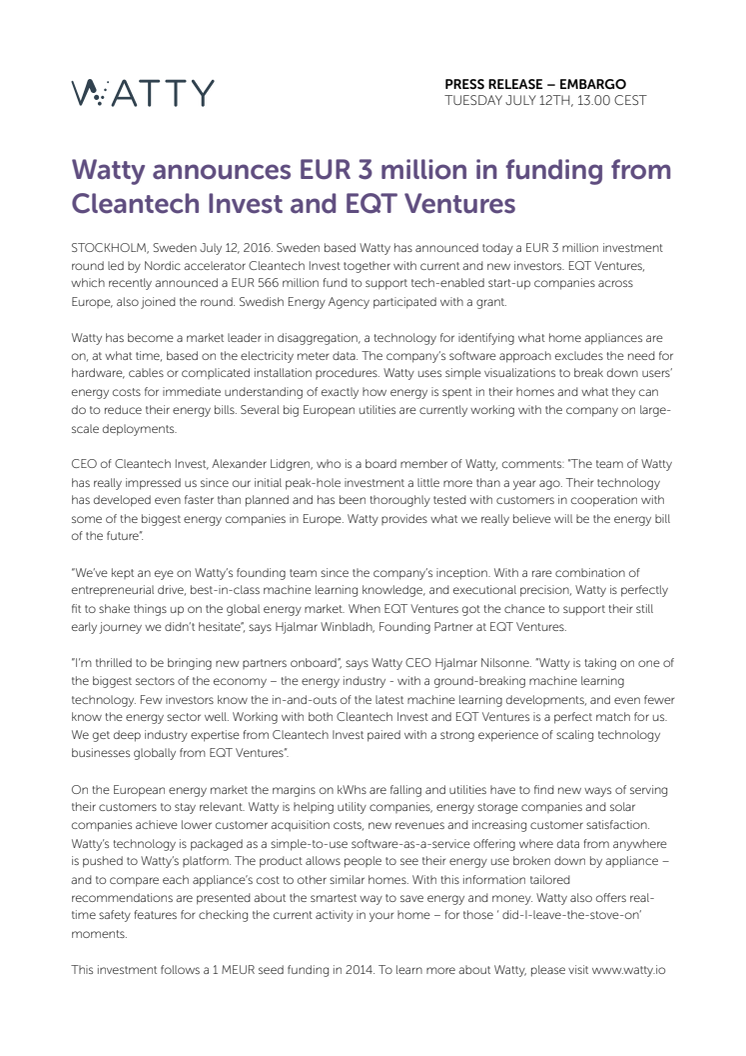 Watty announces EUR 3 million in funding from Cleantech Invest and EQT Ventures