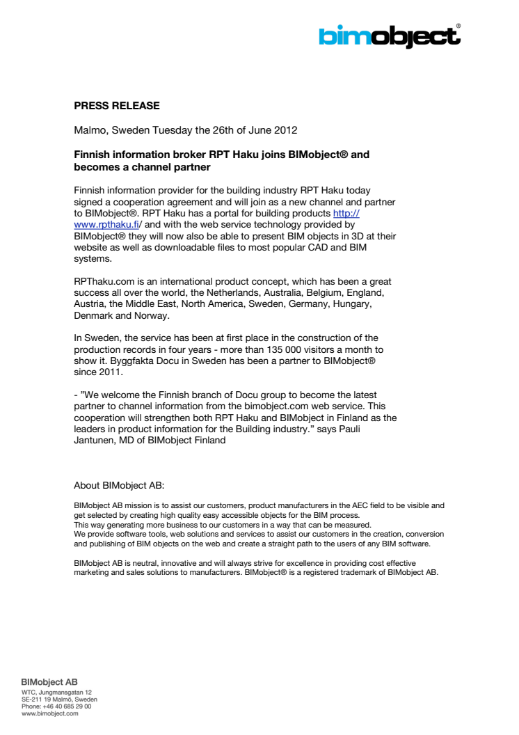 Finnish information broker RPT Haku joins BIMobject® and becomes a channel partner