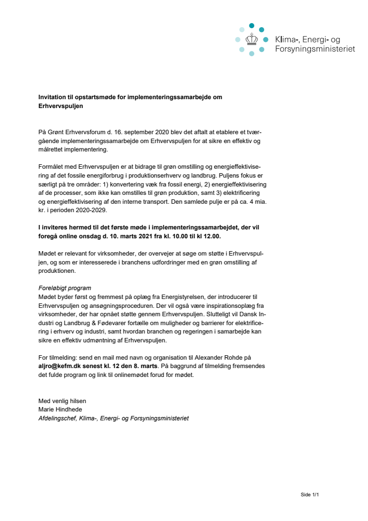 Invitation til opstartsmøde for implementeringssamarbejde om Erhvervspuljen