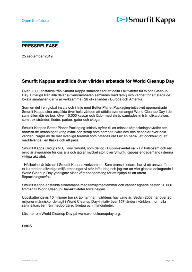 Smurfit Kappas anställda över världen arbetade för World Cleanup Day