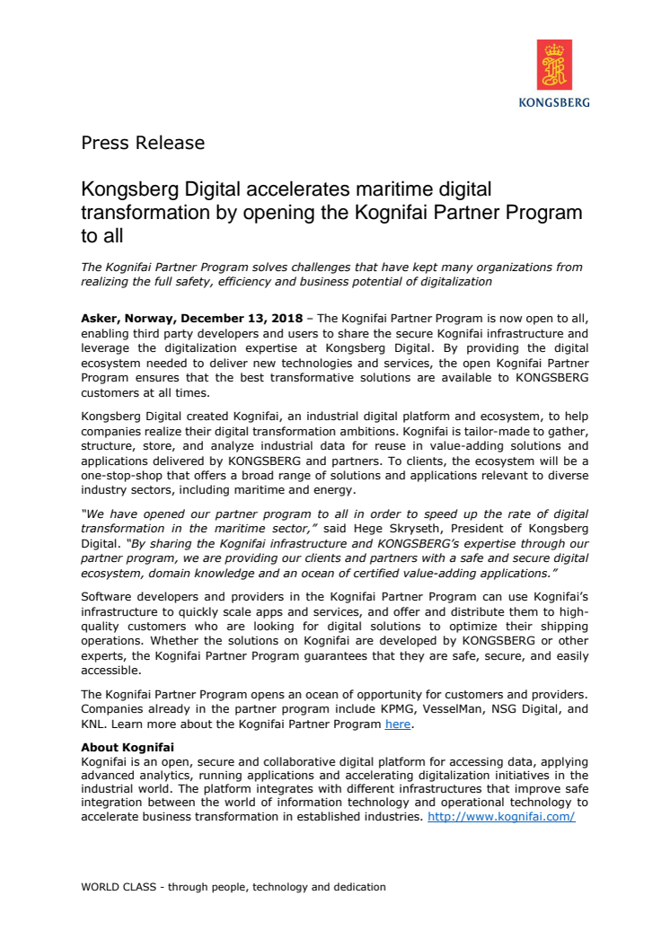 Kongsberg Digital accelerates maritime digital transformation by opening the Kognifai Partner Program to all