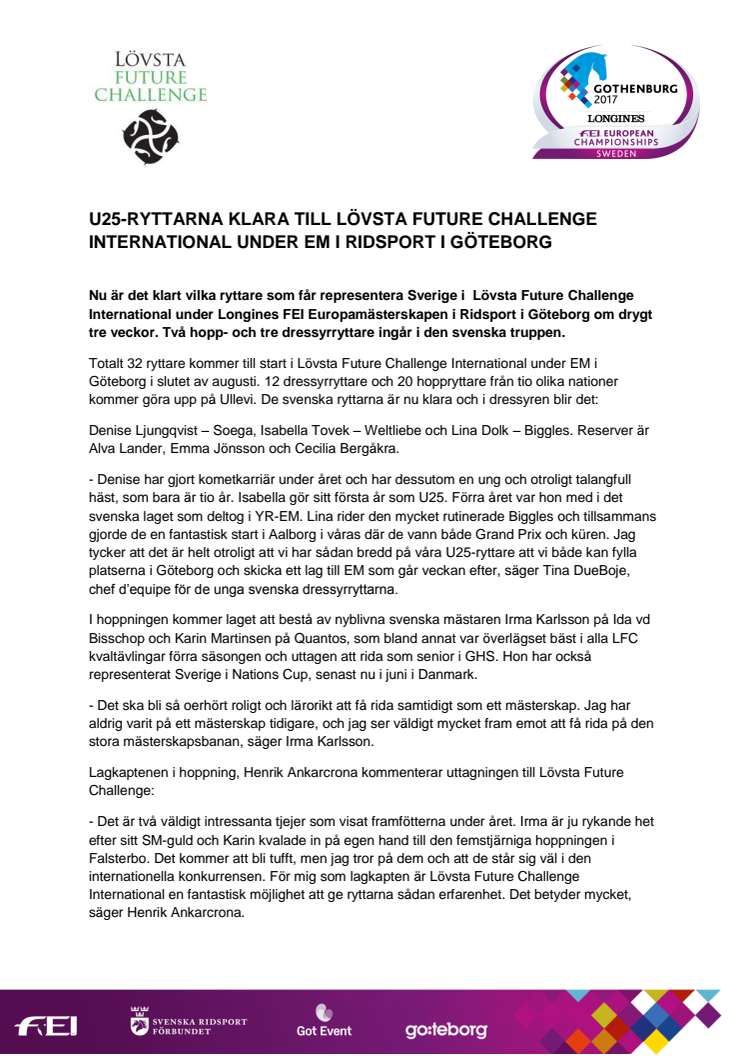 U25-ryttarna klara till Lövsta Future Challenge International