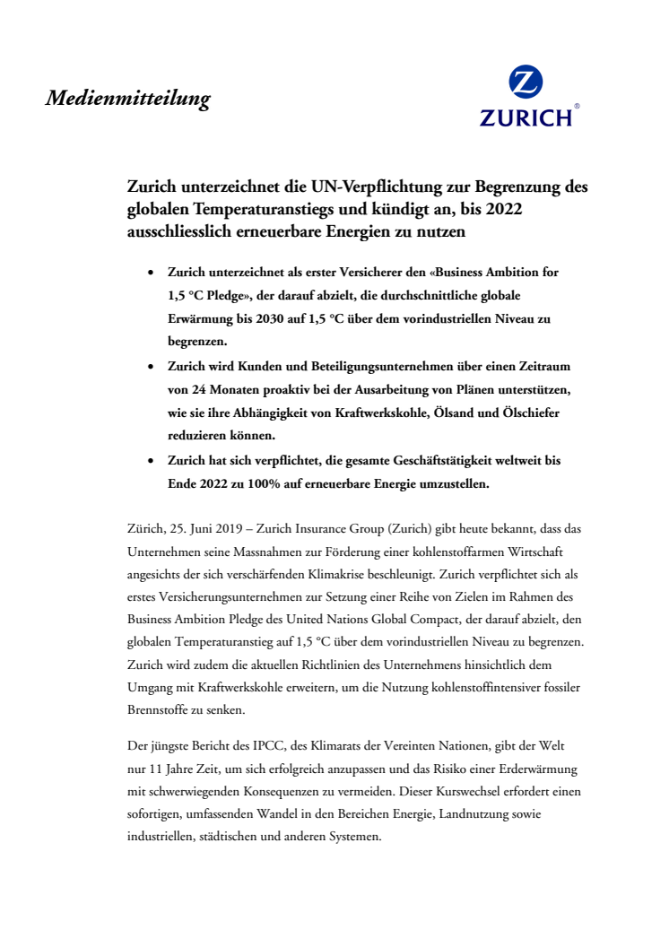 Zurich unterzeichnet die UN-Verpflichtung zur Begrenzung des globalen Temperaturanstiegs und kündigt an, bis 2022 ausschliesslich erneuerbare Energien zu nutzen