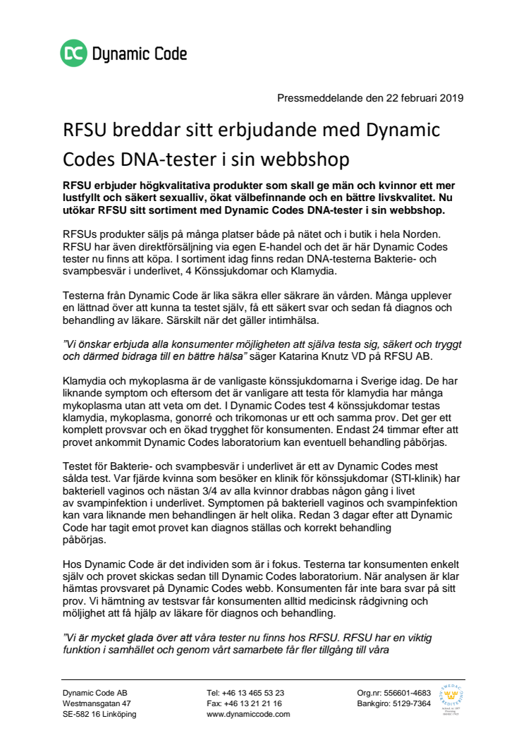 RFSU breddar sitt erbjudande med Dynamic Codes DNA-tester i sin webbshop