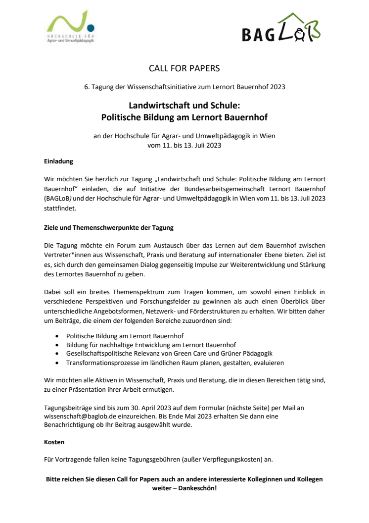 Call for papers | 6. Wissenschaftstagung Lernort Bauernhof Wien