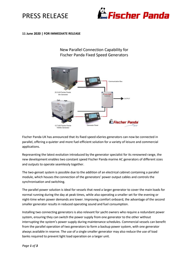 New Parallel Connection Capability for Fischer Panda Fixed Speed Generators
