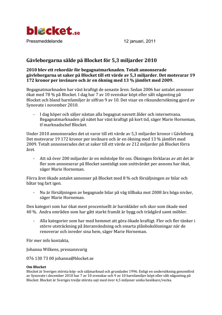 Gävleborgarna sålde på Blocket för 5,3 miljarder 2010 