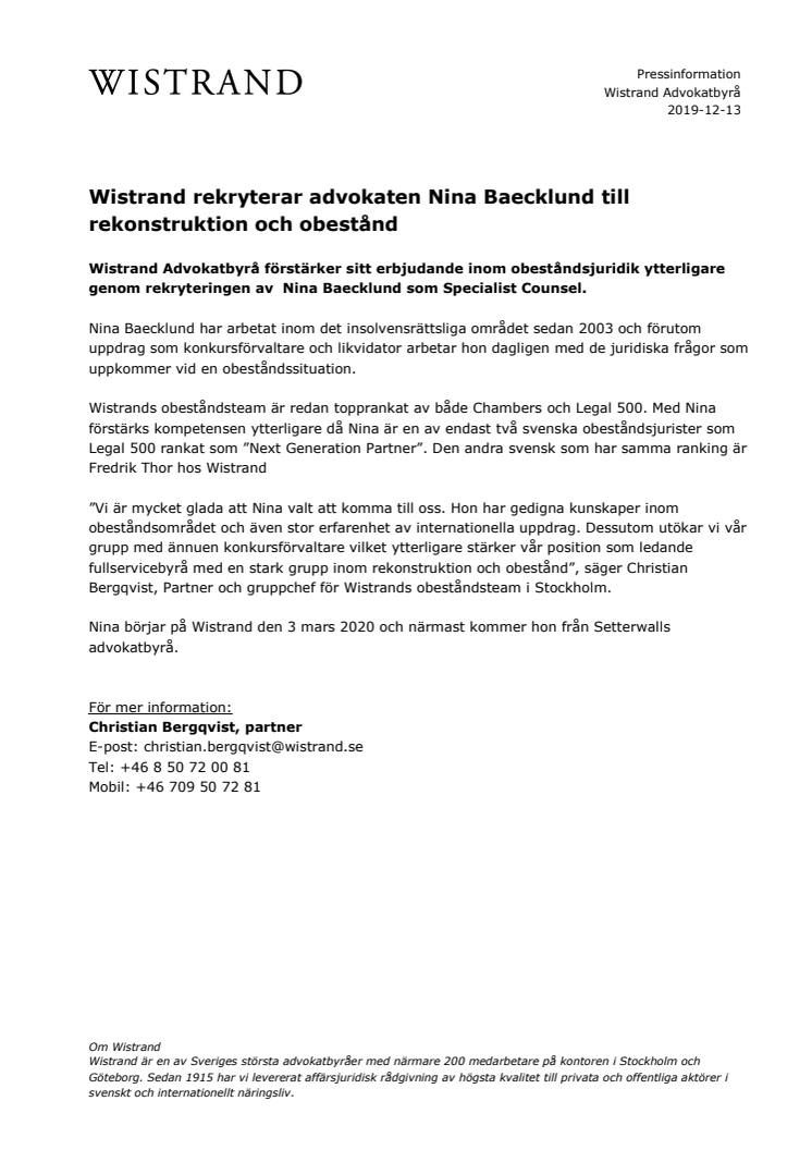 ​Wistrand rekryterar advokaten Nina Baecklund till rekonstruktion och obestånd