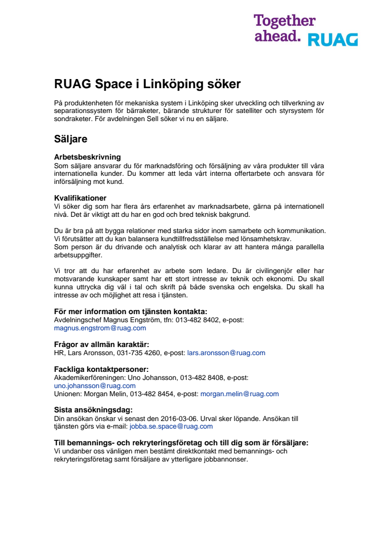 RUAG Space i Linköping söker Säljare
