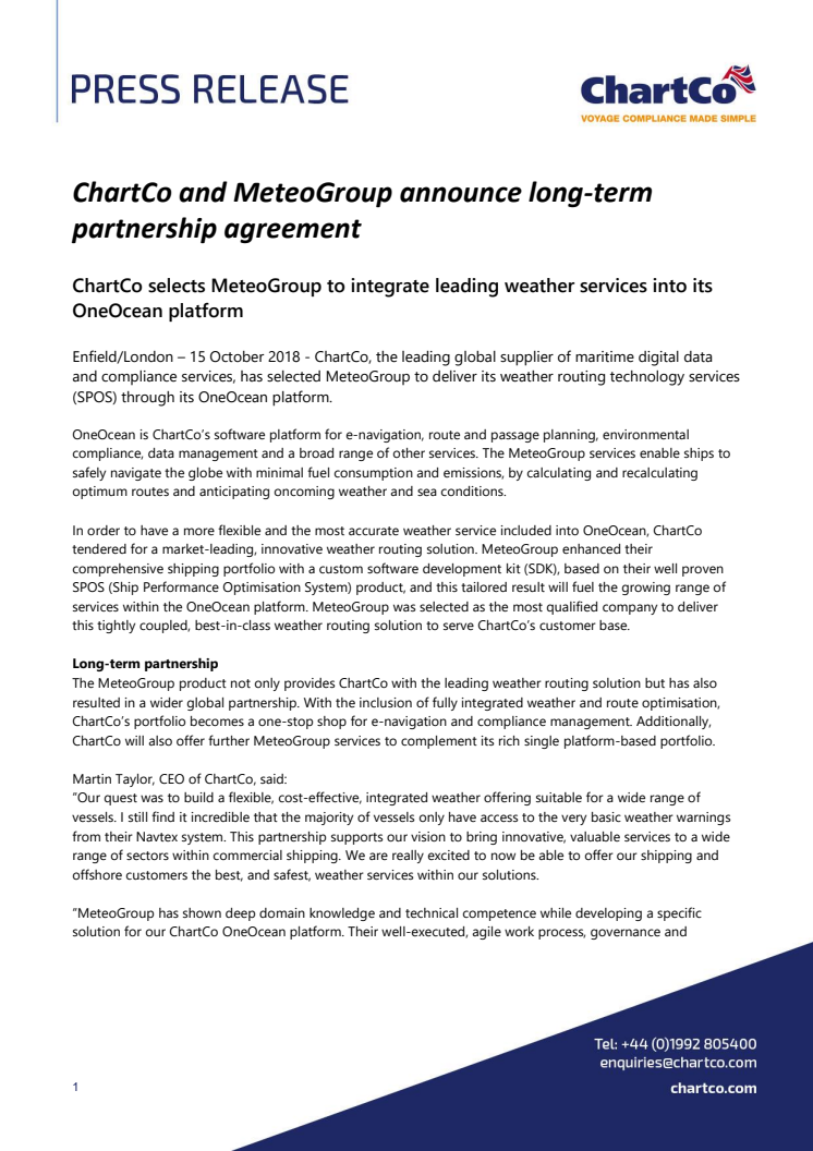 ChartCo and MeteoGroup announce long-term partnership agreement