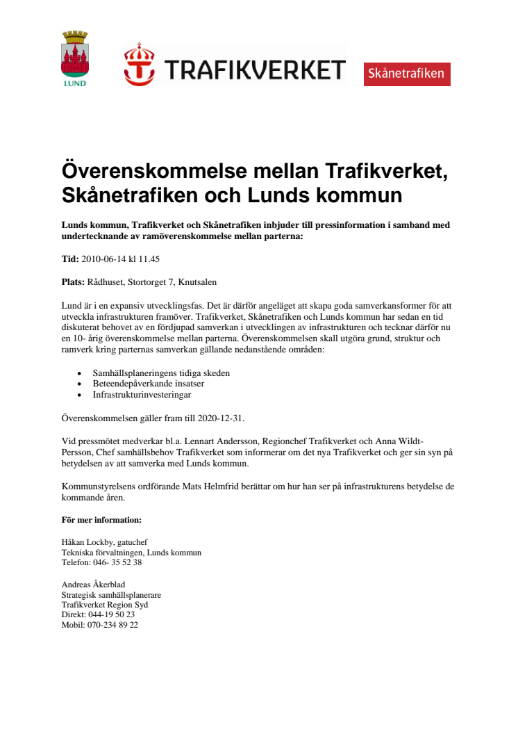 Pressinbjudan: Överenskommelse mellan Trafikverket, Skånetrafiken och Lunds kommun