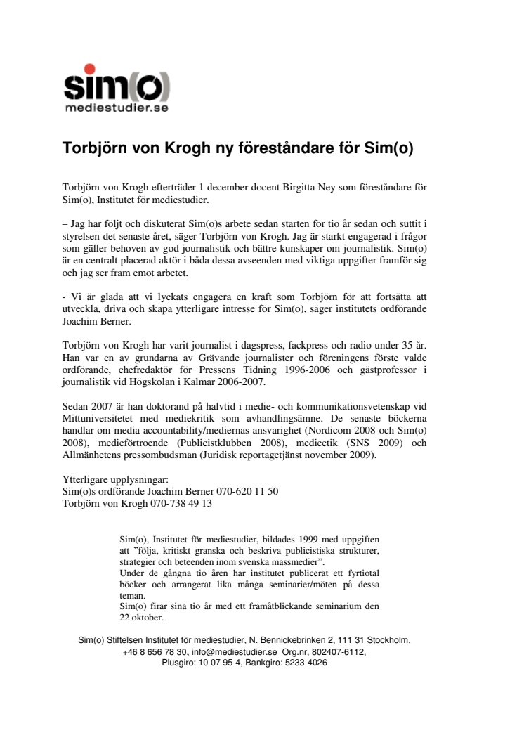 Torbjörn von Krogh ny föreståndare för Sim(o)