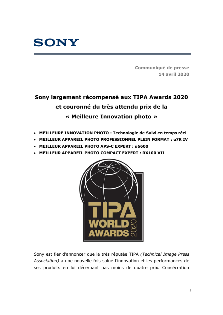 Sony largement récompensé aux TIPA Awards 2020 et couronné du très attendu prix de la  « Meilleure Innovation photo »