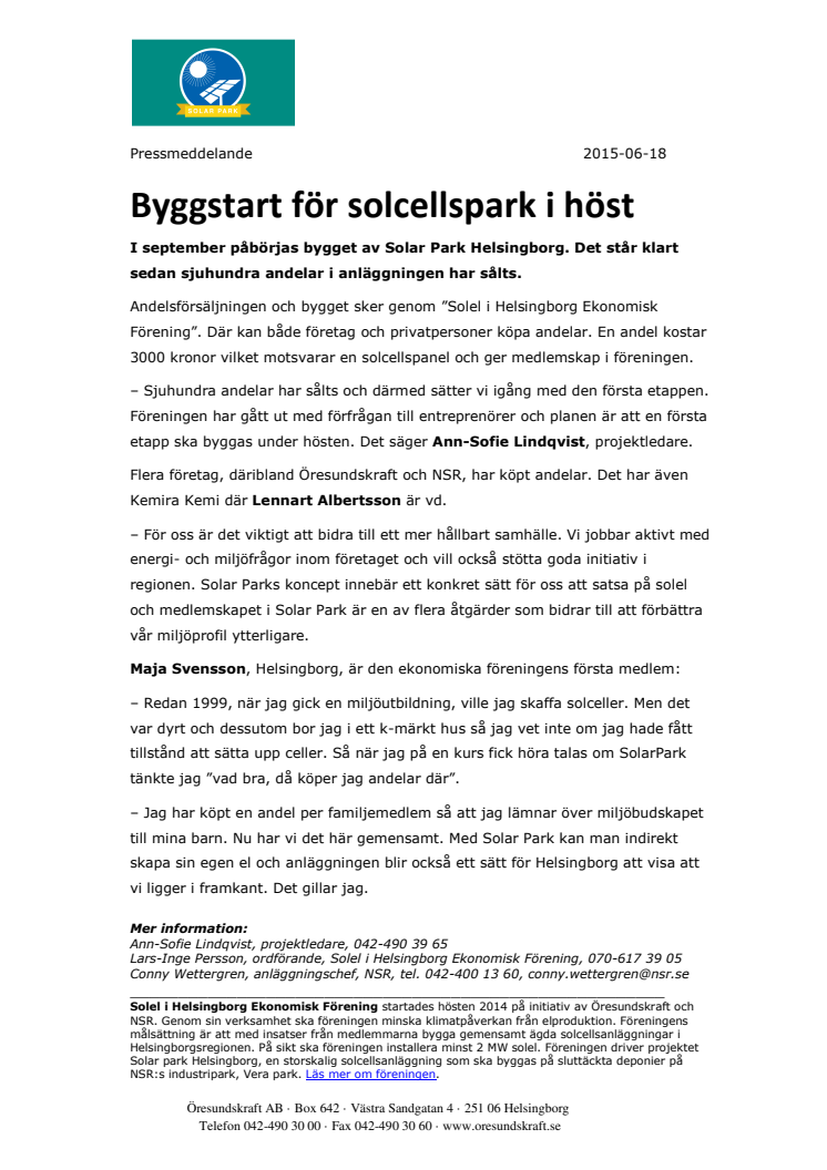 Byggstart för solcellspark i höst