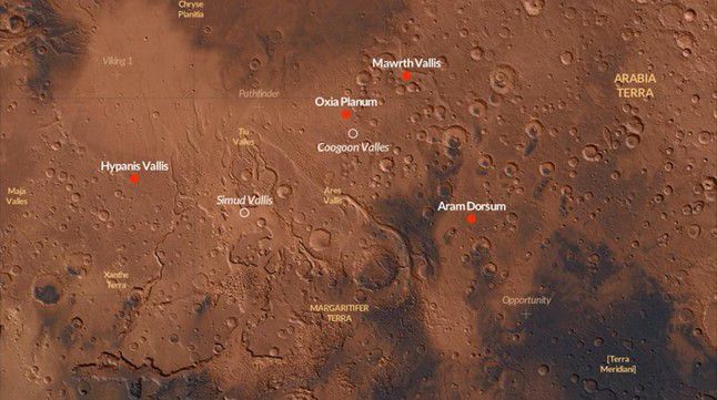 Två tänkbara landningsplatser för ExoMars 2020, Oxia Planum och Mawrth Vallis. 