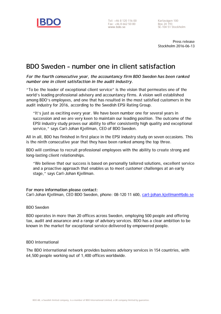 BDO Sweden – number one in client satisfaction