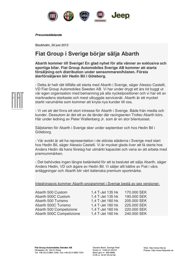 Fiat Group i Sverige börjar sälja Abarth