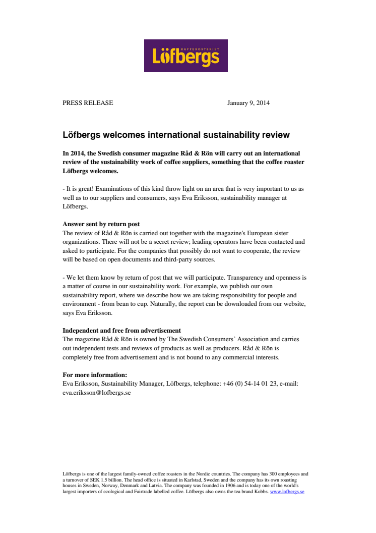 Löfbergs welcomes international sustainability review