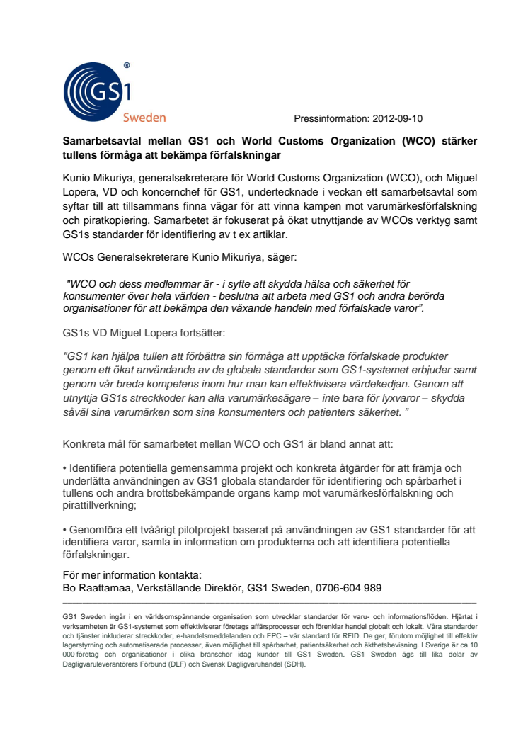 Samarbetsavtal mellan GS1 och World Customs Organization (WCO) stärker tullens förmåga att bekämpa förfalskningar